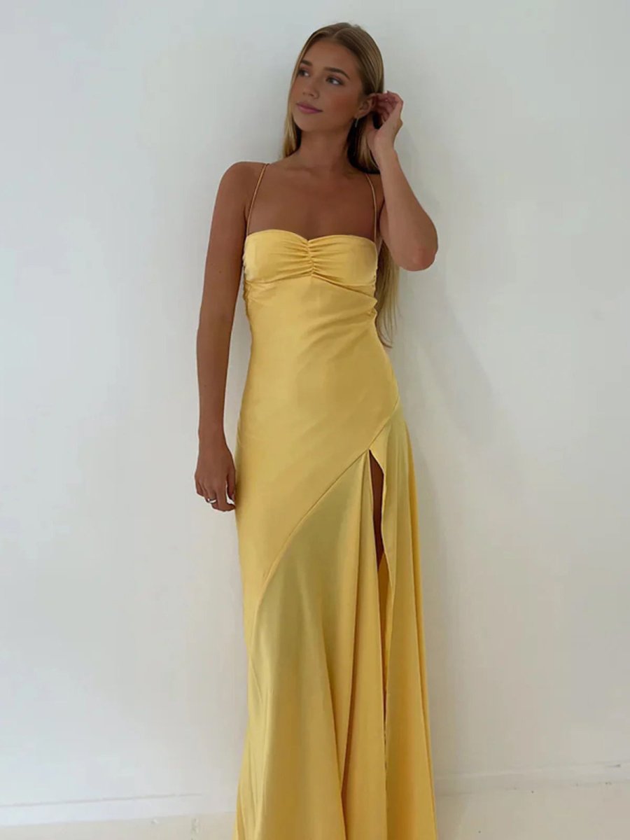 KissProm-Notori Yellow Spaghetti Straps Sheath Long Prom Dresses With Split