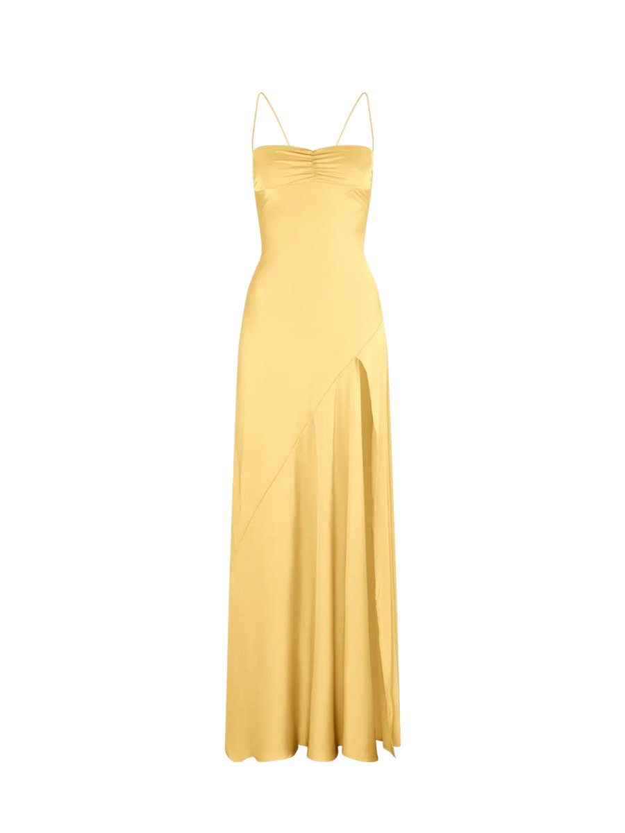 KissProm-Notori Yellow Spaghetti Straps Sheath Long Prom Dresses With Split