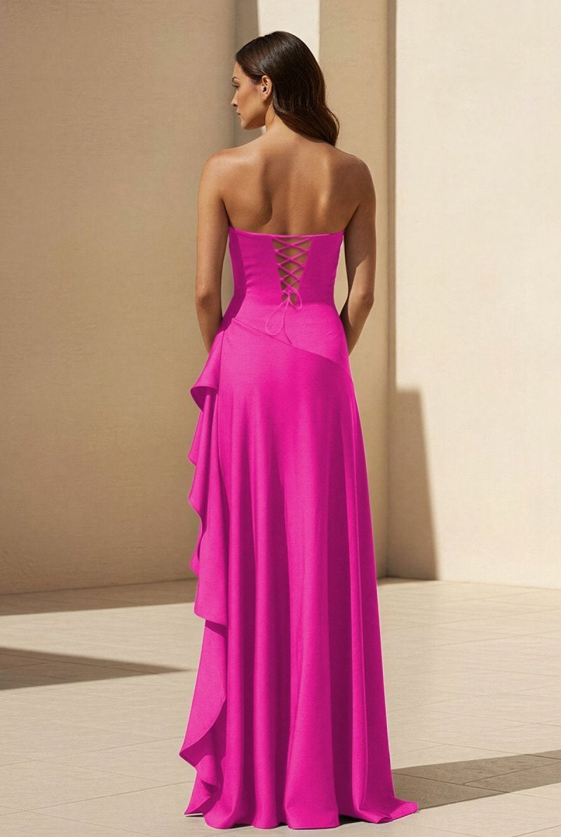 Noura | Magenta - Strapless A Line High Low Formal Prom Dresses With Ruffles - KissProm