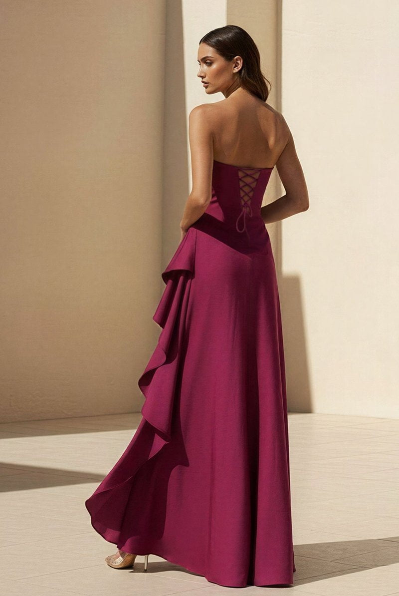 Noura | Magenta - Strapless A Line High Low Formal Prom Dresses With Ruffles - KissProm