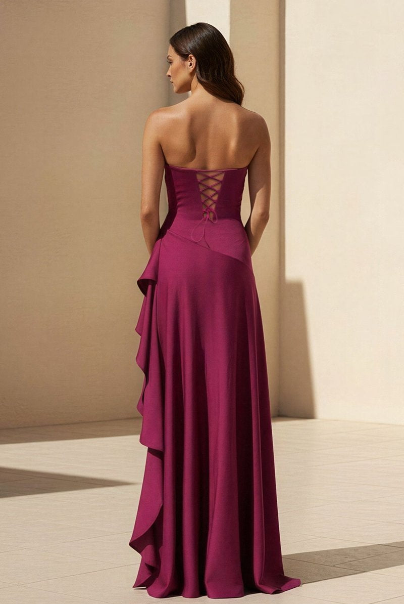 Noura | Magenta - Strapless A Line High Low Formal Prom Dresses With Ruffles - KissProm