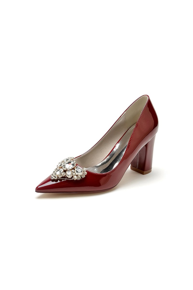 Burgundy High Heels with Gemstone - Adorned Golden Buckle - KissProm