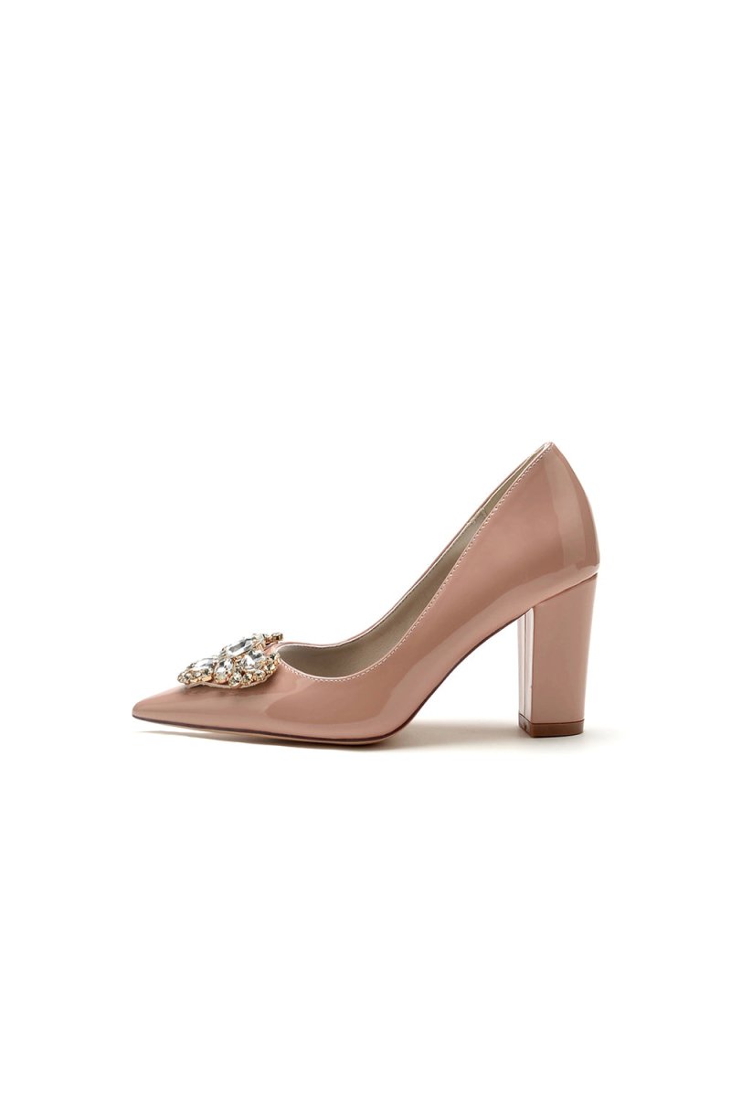 Burgundy High Heels with Gemstone - Adorned Golden Buckle - KissProm