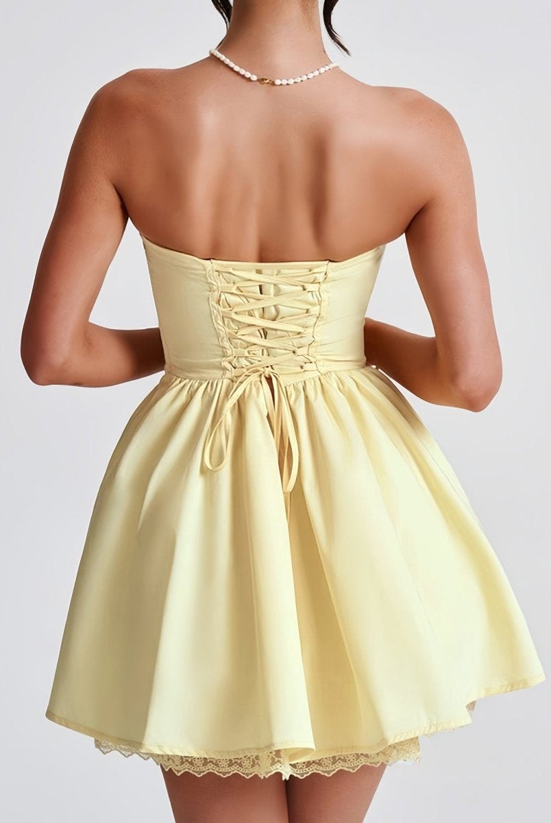 Nymeria | Yellow - A Line Satin Strapless Homecoming Dresses with Lace Panelings