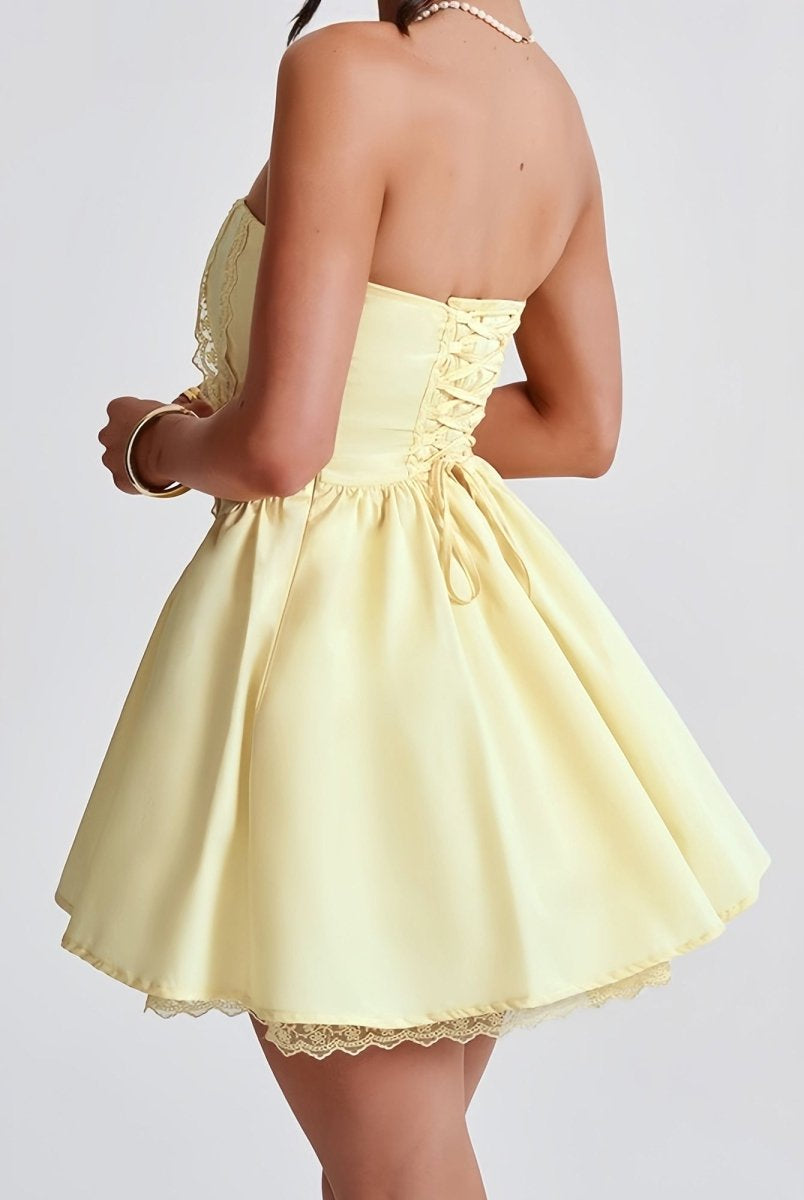 Nymeria | Yellow - A Line Satin Strapless Homecoming Dresses with Lace Panelings