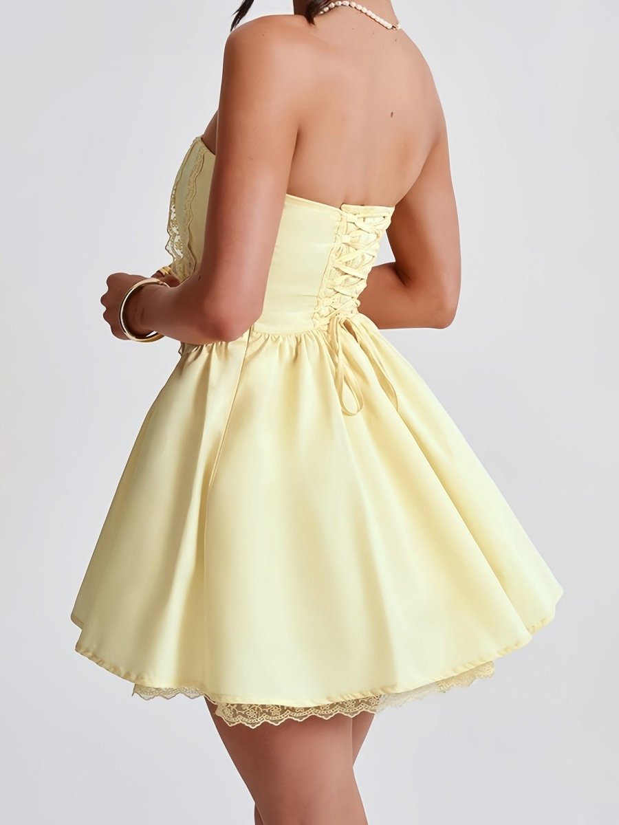 Nymeria | Yellow - A Line Satin Strapless Homecoming Dresses with Lace Panelings