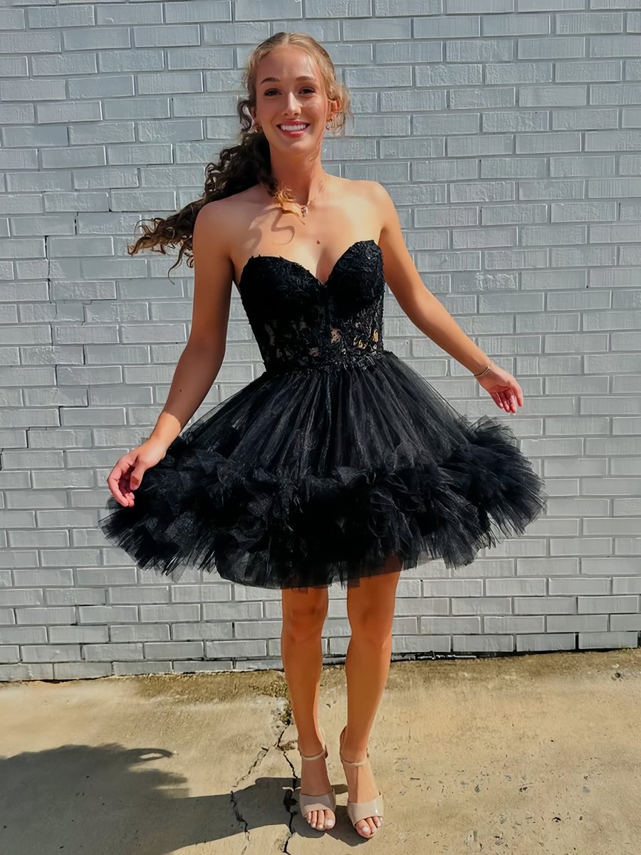 Oakeson | Black - A-Line Sweetheart Ruffle Tulle Homecoming Dress With Appliques