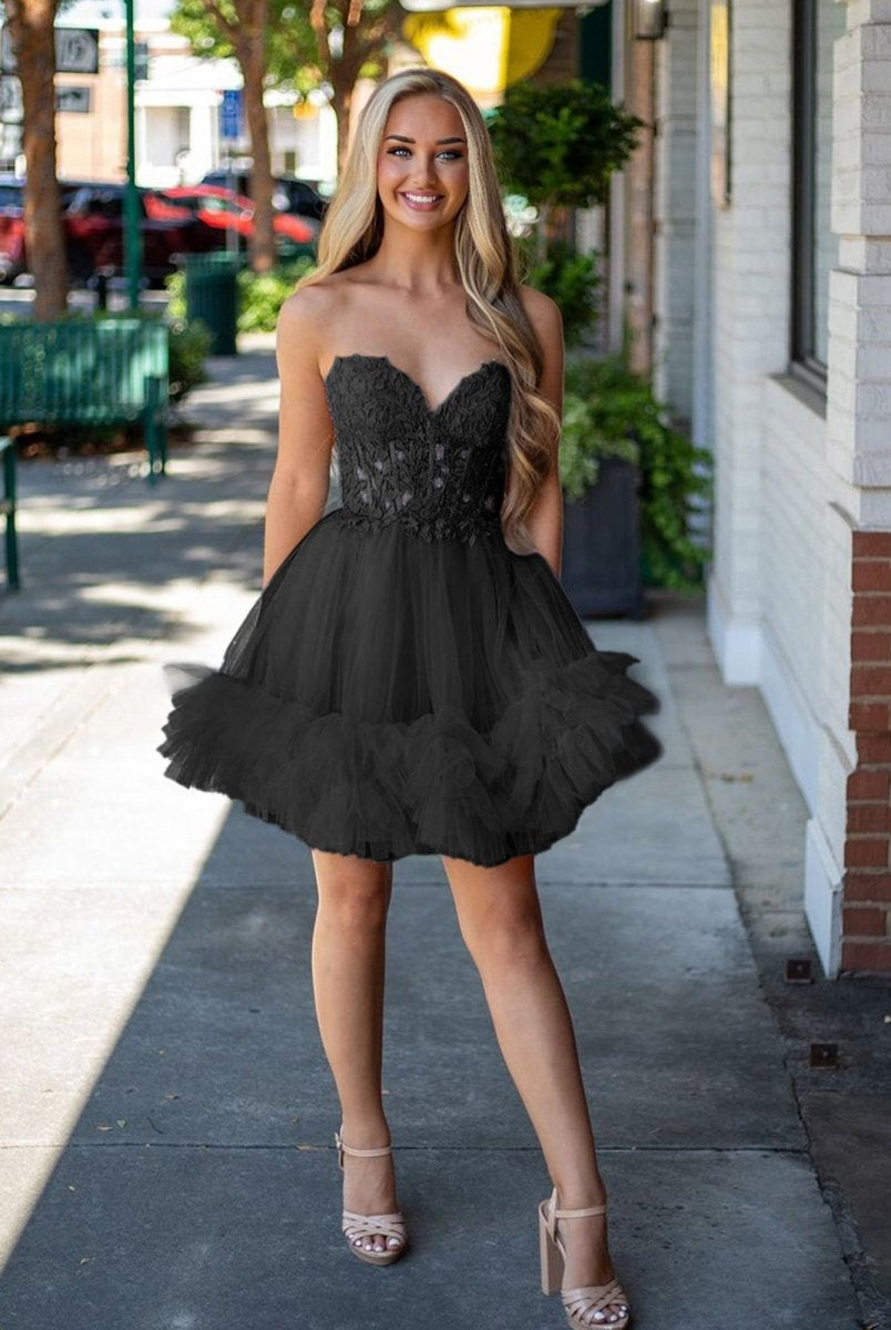 Oakeson | Black - A-Line Sweetheart Ruffle Tulle Homecoming Dress With Appliques