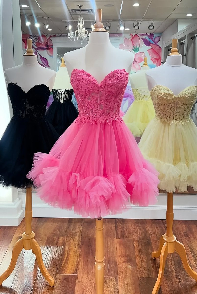 Oakeson | Hot-Pink - A-Line Sweetheart Ruffle Tulle Homecoming Dress With Appliques