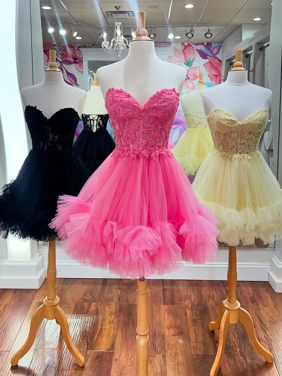 Oakeson | Hot-Pink - A-Line Sweetheart Ruffle Tulle Homecoming Dress With Appliques