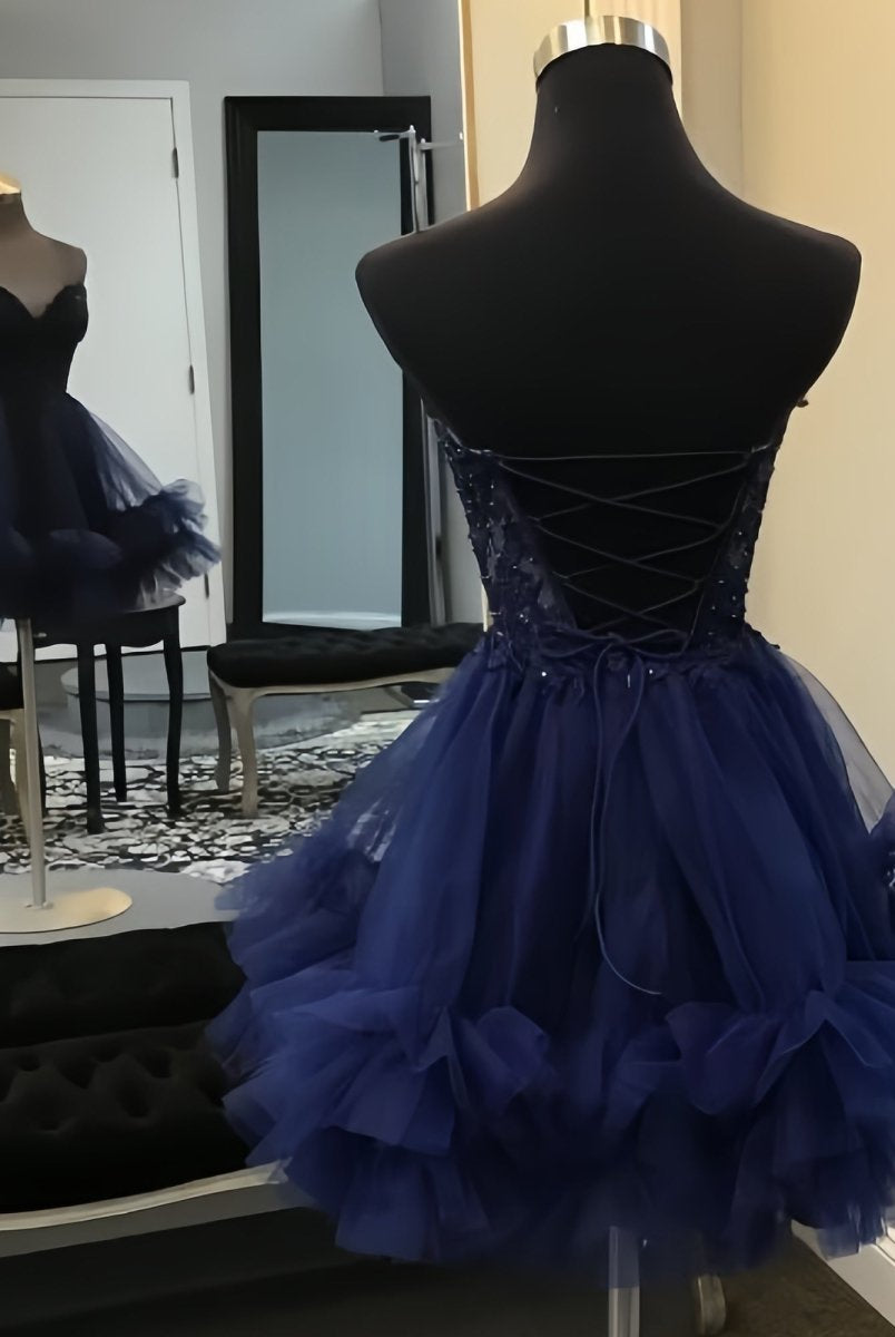 Oakeson | Navy Blue - A-Line Sweetheart Ruffle Tulle Homecoming Dress With Appliques