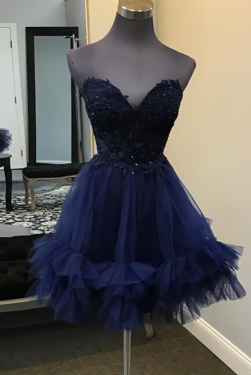 Oakeson | Navy Blue - A-Line Sweetheart Ruffle Tulle Homecoming Dress With Appliques
