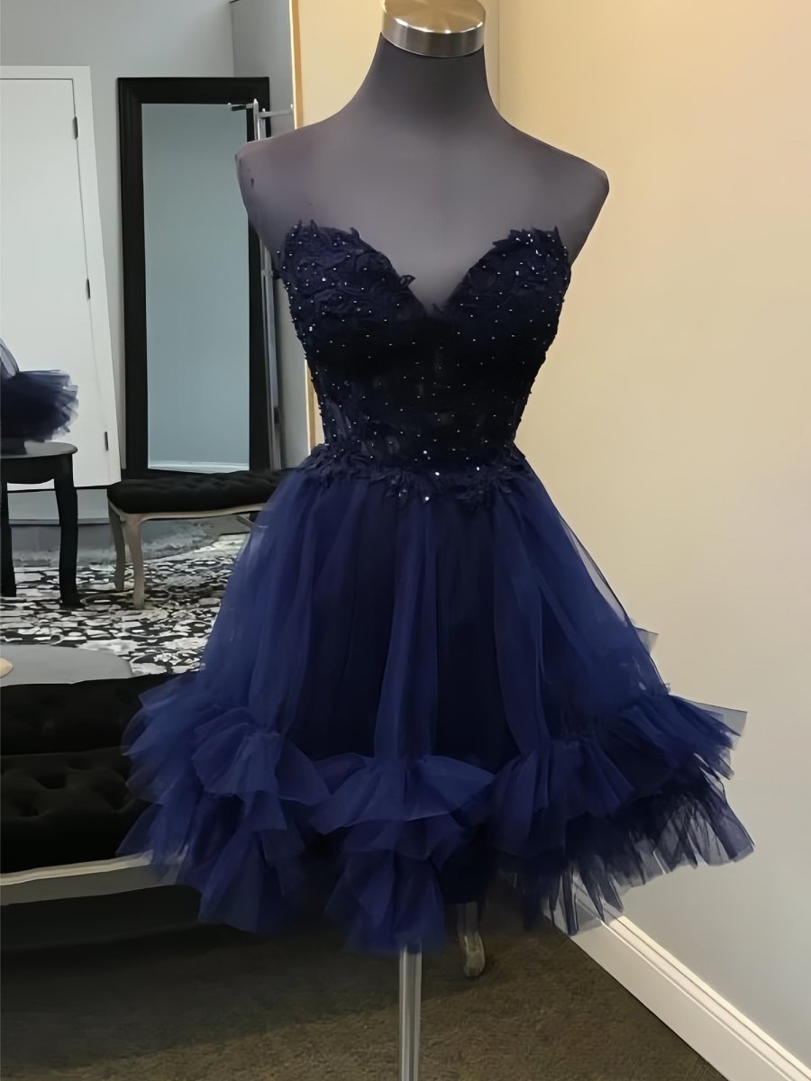 Oakeson | Navy Blue - A-Line Sweetheart Ruffle Tulle Homecoming Dress With Appliques
