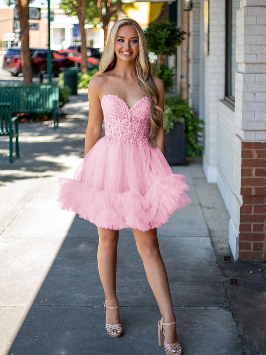 Oakeson | Pink - A-Line Sweetheart Ruffle Tulle Homecoming Dress With Appliques