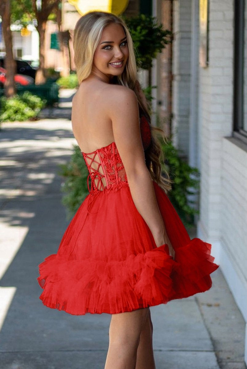 Oakeson | Red - A - Line Sweetheart Ruffle Tulle Homecoming Dress With Appliques - KissProm