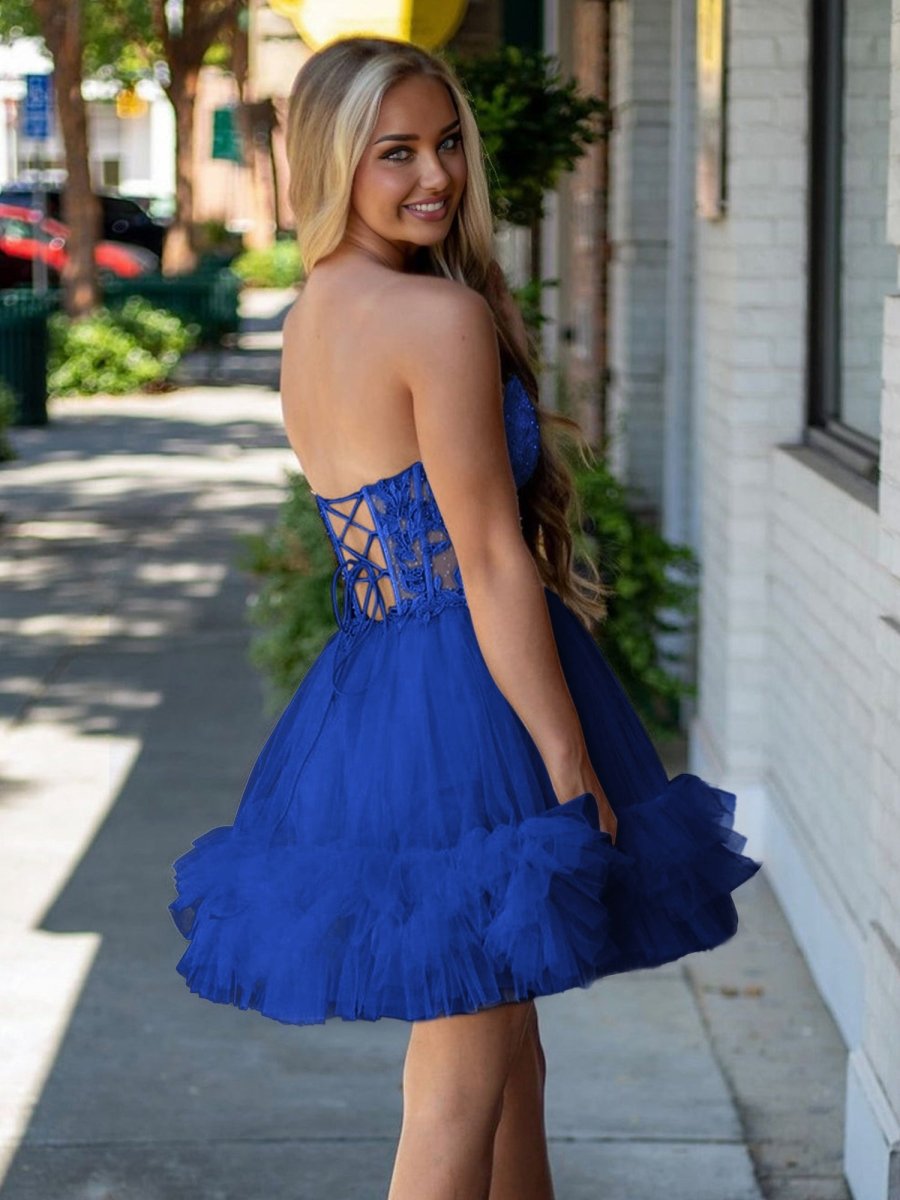 Oakeson | Royal Blue - A-Line Sweetheart Ruffle Tulle Homecoming Dress With Appliques