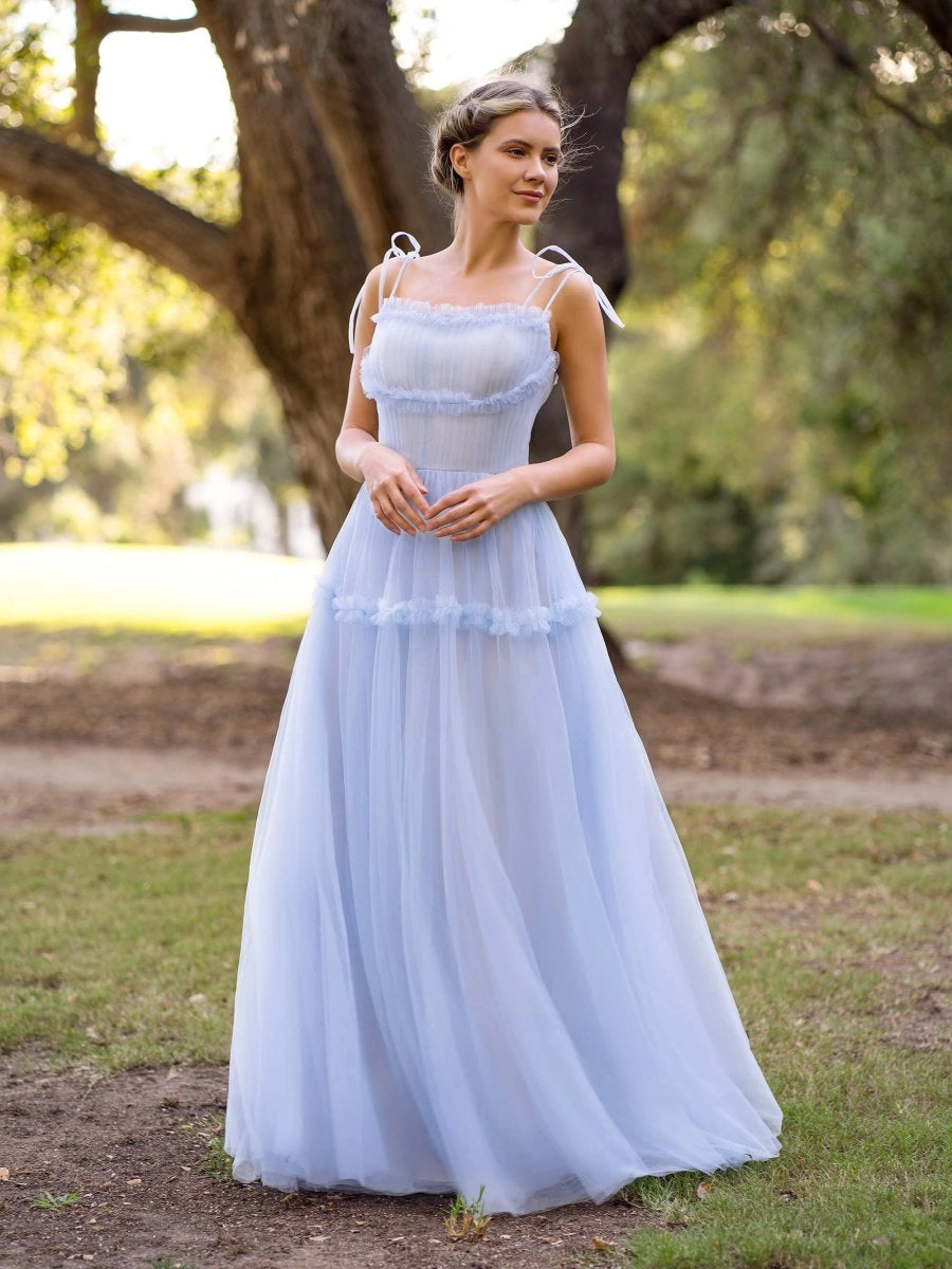 KissProm A-line Ocean Wave Tie-straps tulle long prom dress, Sky Blue / 00