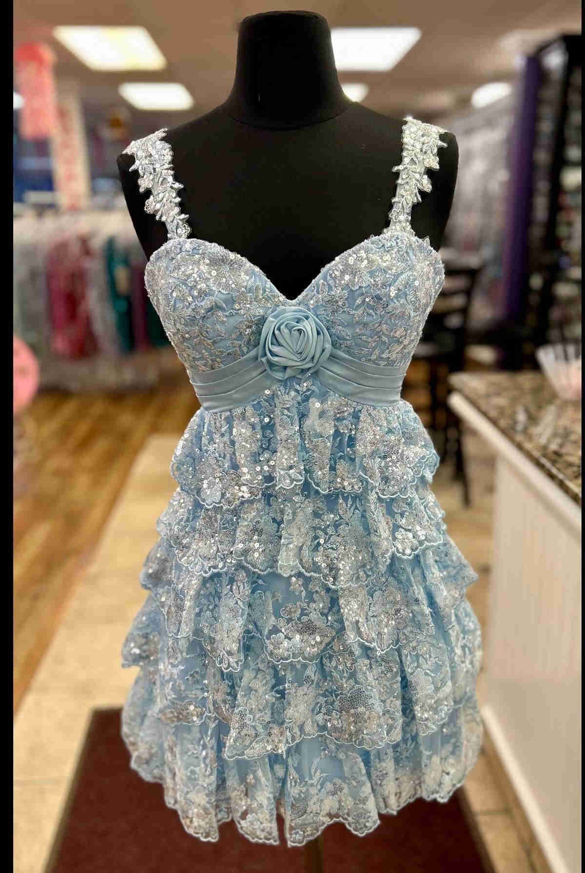 Oceane | Light Blue Rosette Sequin Baby Doll Short Party Dress