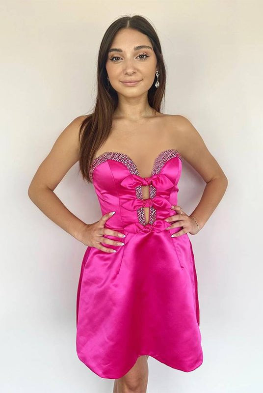 Octaviana | Fuchsia - Strapless A-Line Beaded Satin Homecoming Dress With Bow