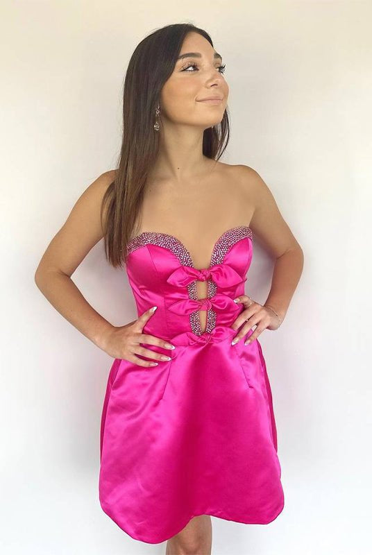 Octaviana | Fuchsia - Strapless A-Line Beaded Satin Homecoming Dress With Bow