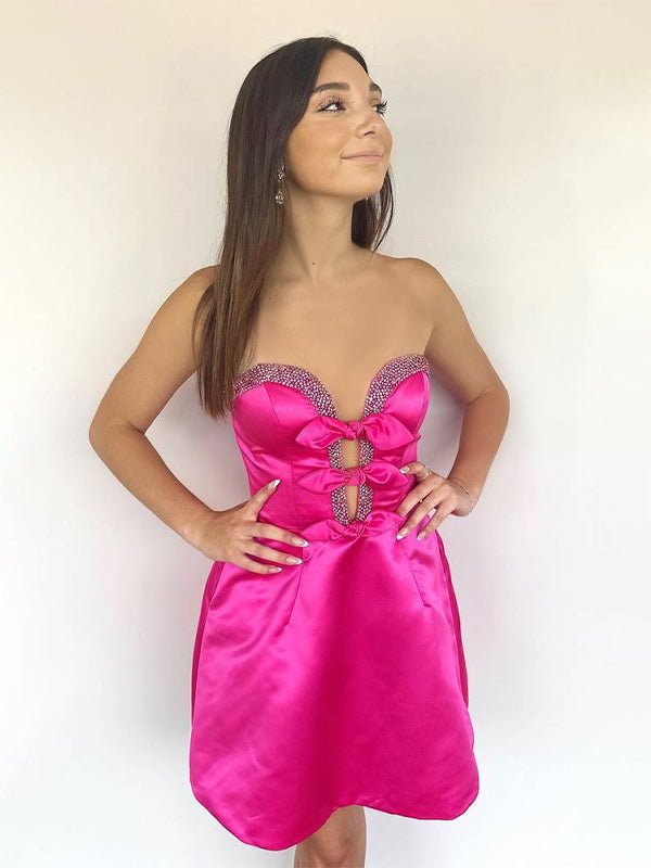 Octaviana | Fuchsia - Strapless A-Line Beaded Satin Homecoming Dress With Bow