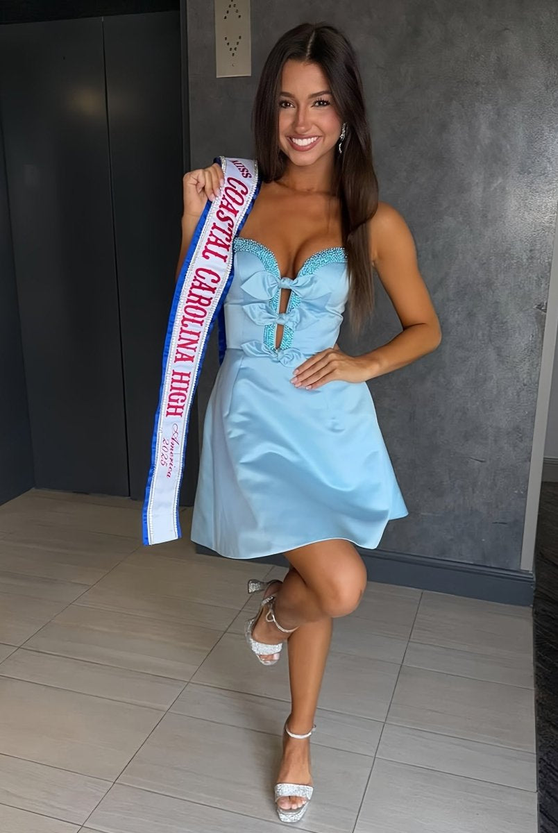 Octaviana | Blue - Strapless A-Line Beaded Satin Homecoming Dress With Bow