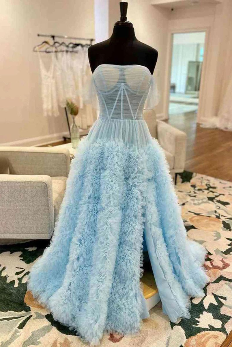 Odelia | Gorgeous A Line Off the Shoulder Long Tulle Prom Dress with Slit