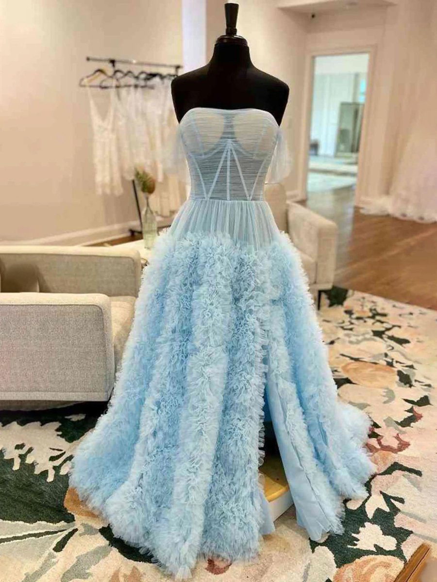 Odelia | Gorgeous A Line Off the Shoulder Long Tulle Prom Dress with Slit
