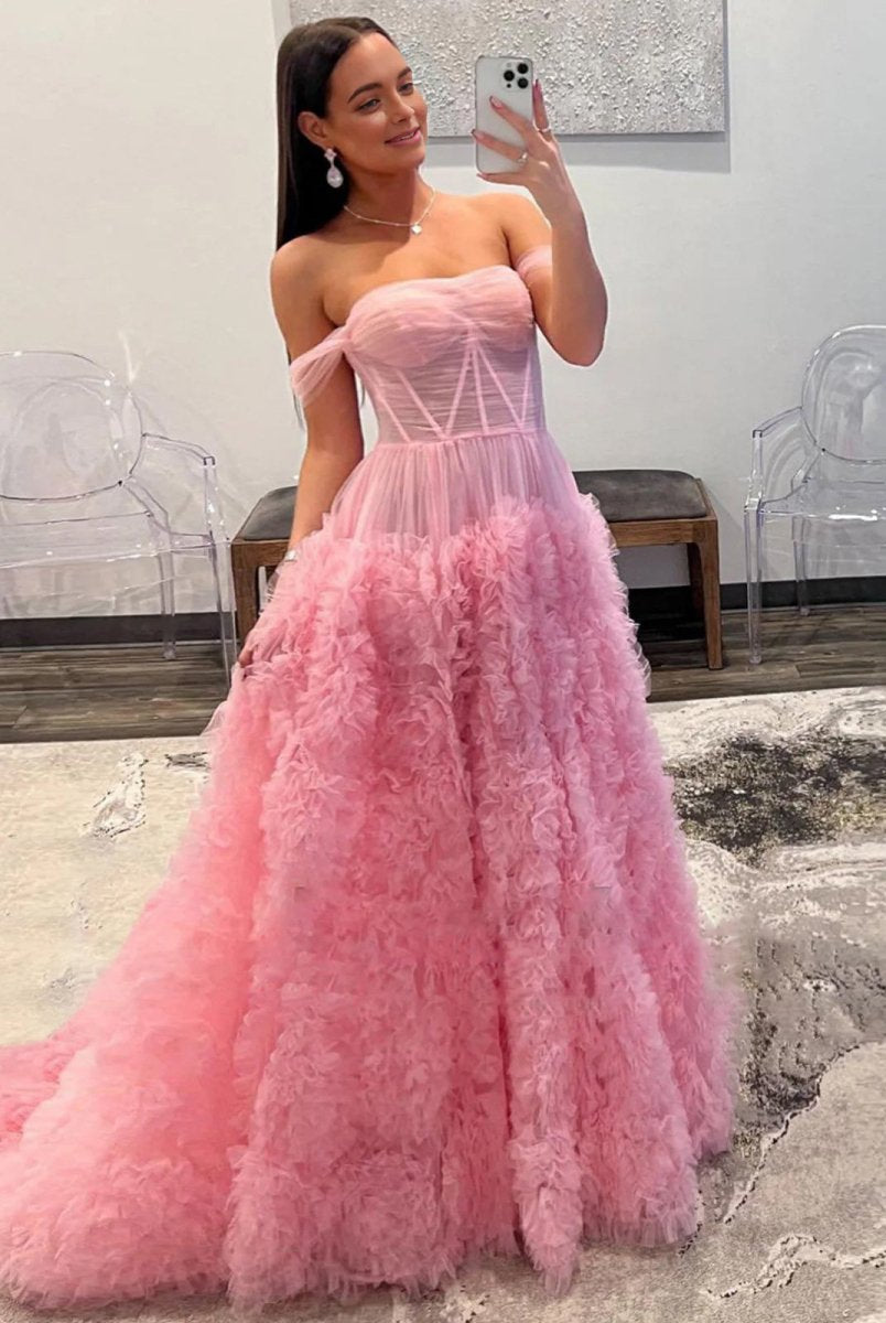 Odelia | Gorgeous A Line Off the Shoulder Long Tulle Prom Dress with Slit