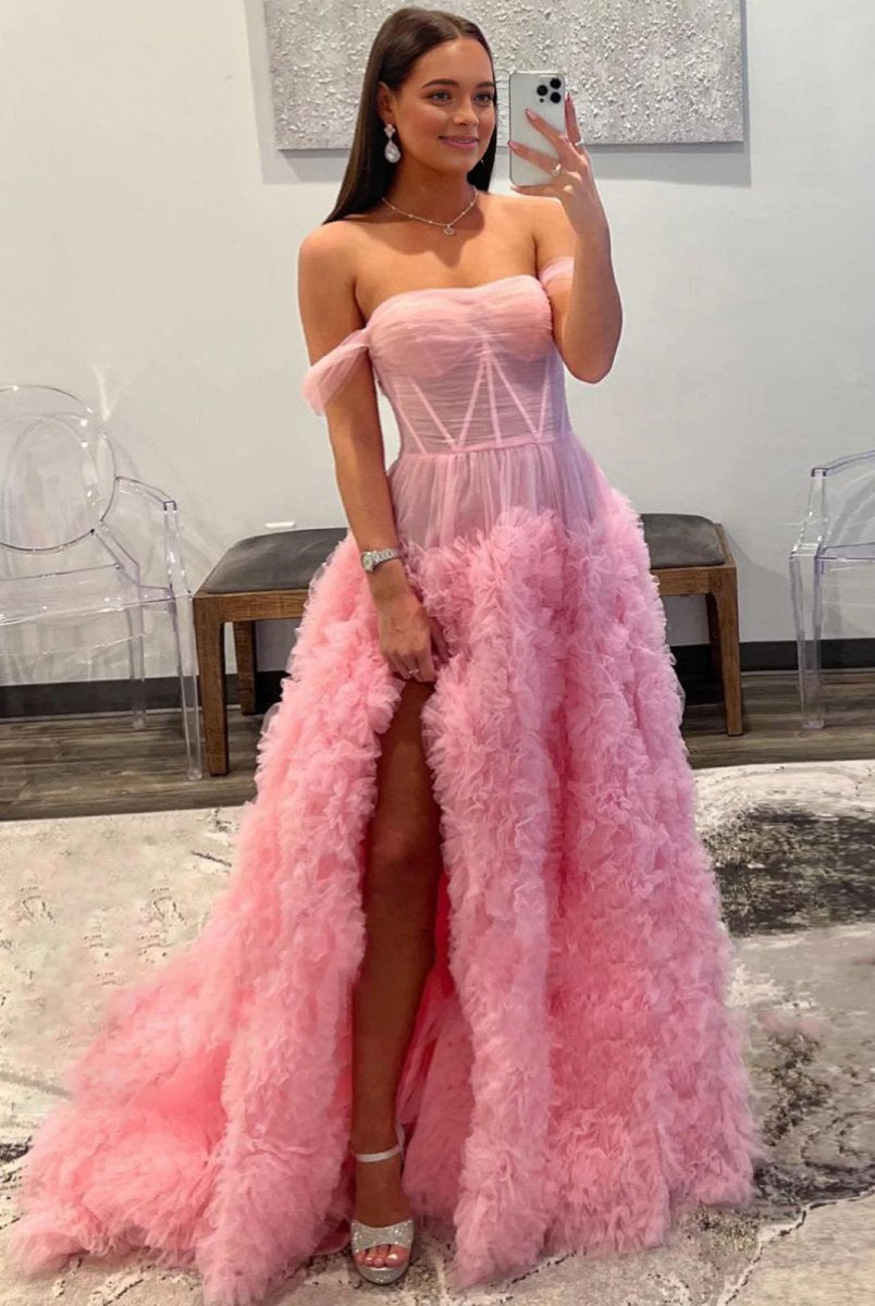 Odelia | Gorgeous A Line Off the Shoulder Long Tulle Prom Dress with Slit