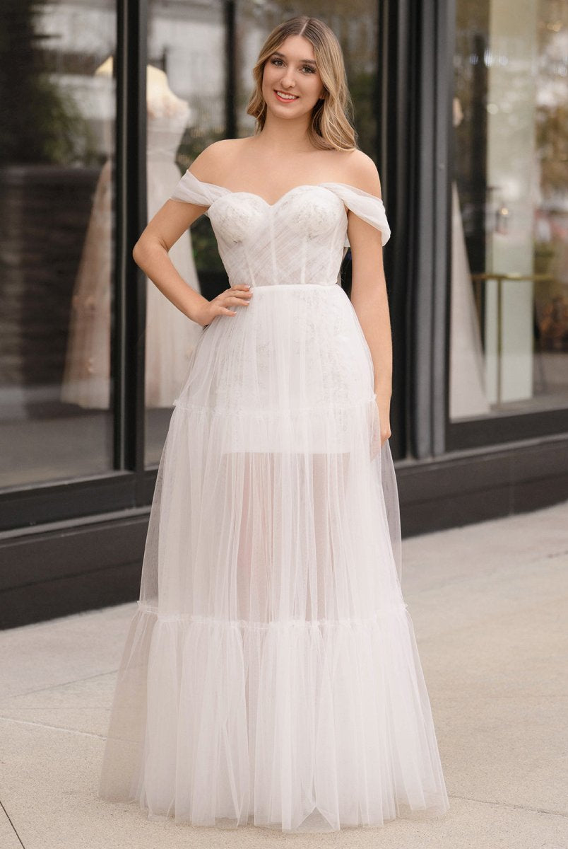 Off Shoulder A-Line Tulle Ivory Prom Dress
