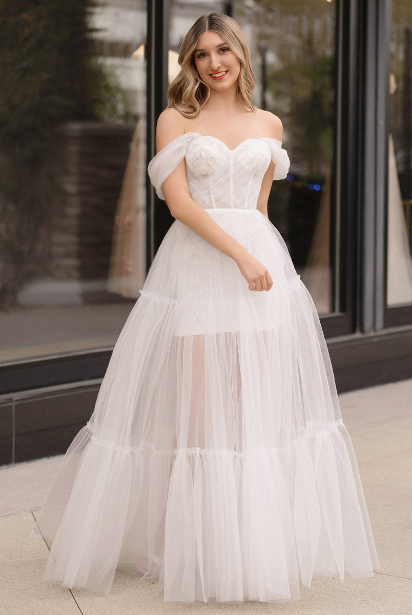 Off Shoulder A-Line Tulle Ivory Prom Dress