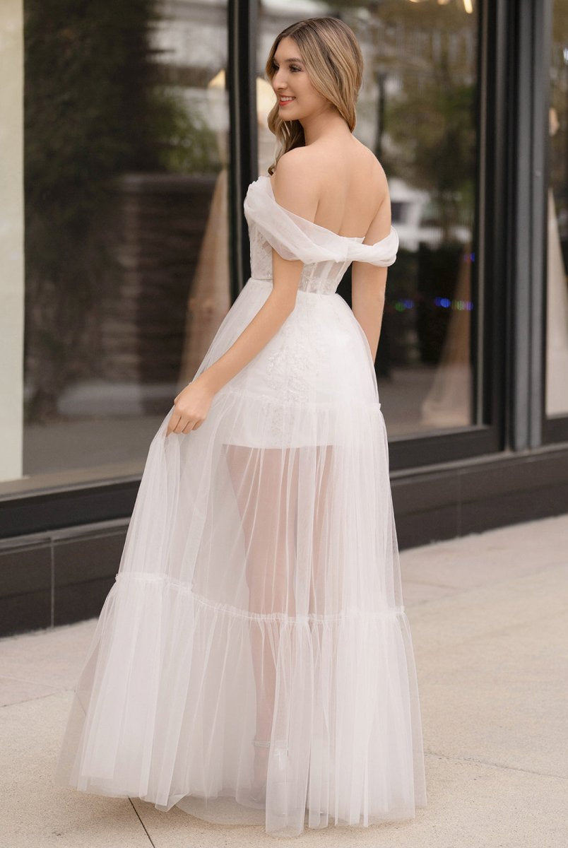 Off Shoulder A-Line Tulle Ivory Prom Dress