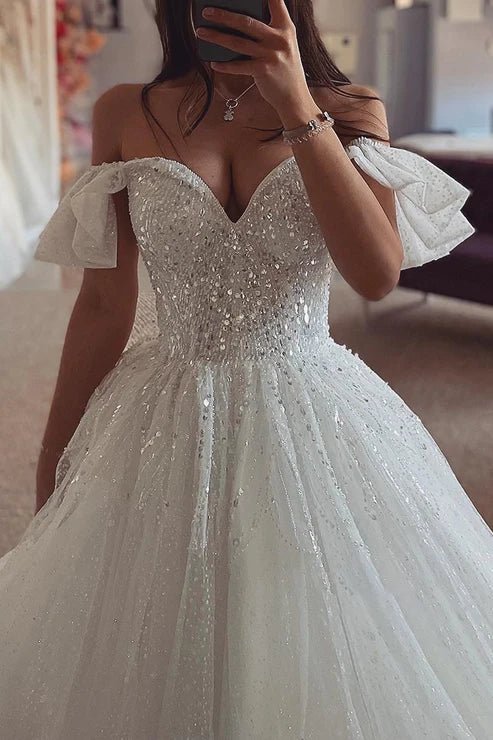 Off-Shoulder Glitter Tulle A-Line Sequined Beaded With Train Wedding Dress