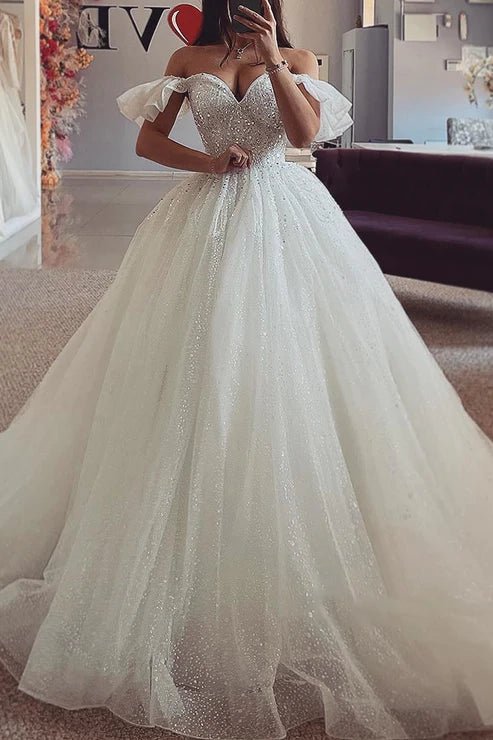 Off-Shoulder Glitter Tulle A-Line Sequined Beaded With Train Wedding D Off-Shoulder Glitter Tulle A-Line Sequined Beaded With Train Wedding D