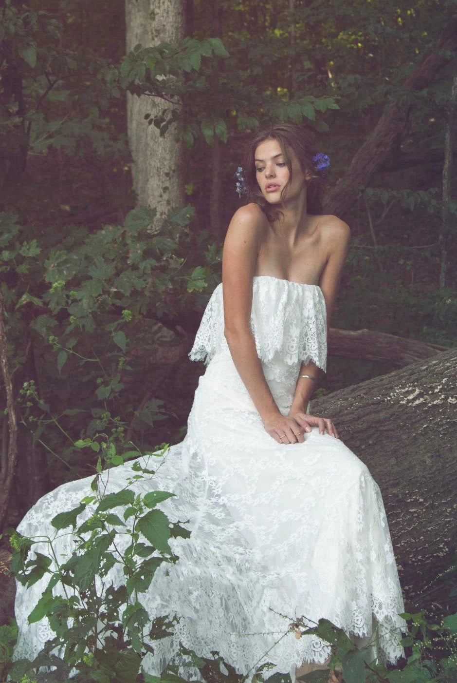 Off-Shoulder Long Mermaid Lace Boho Wedding Dress With Ruffles