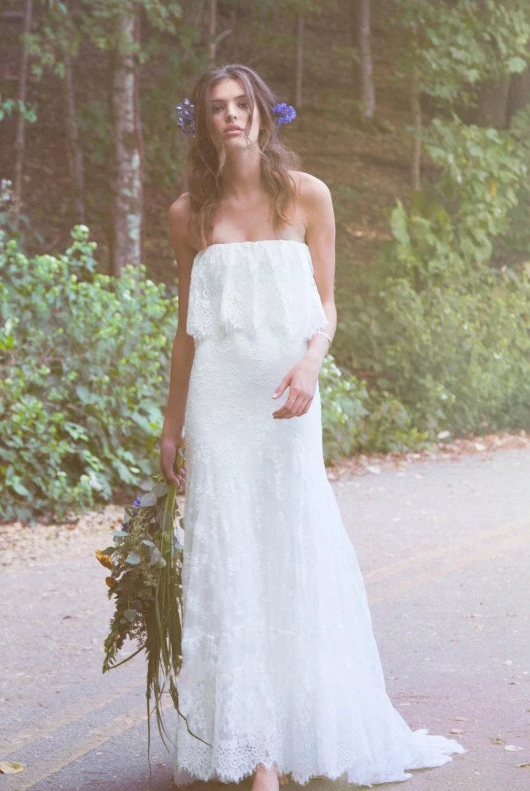 Off-Shoulder Long Mermaid Lace Boho Wedding Dress With Ruffles