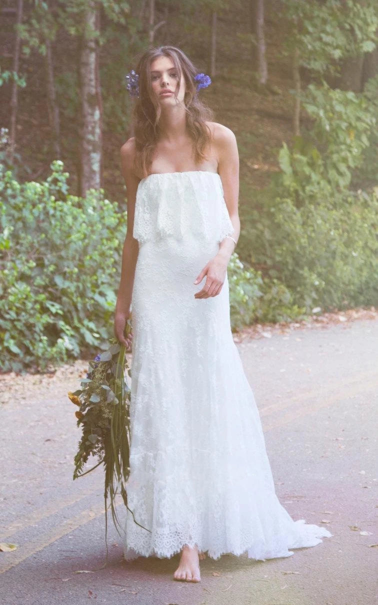 Off-Shoulder Long Mermaid Lace Boho Wedding Dress With Ruffles