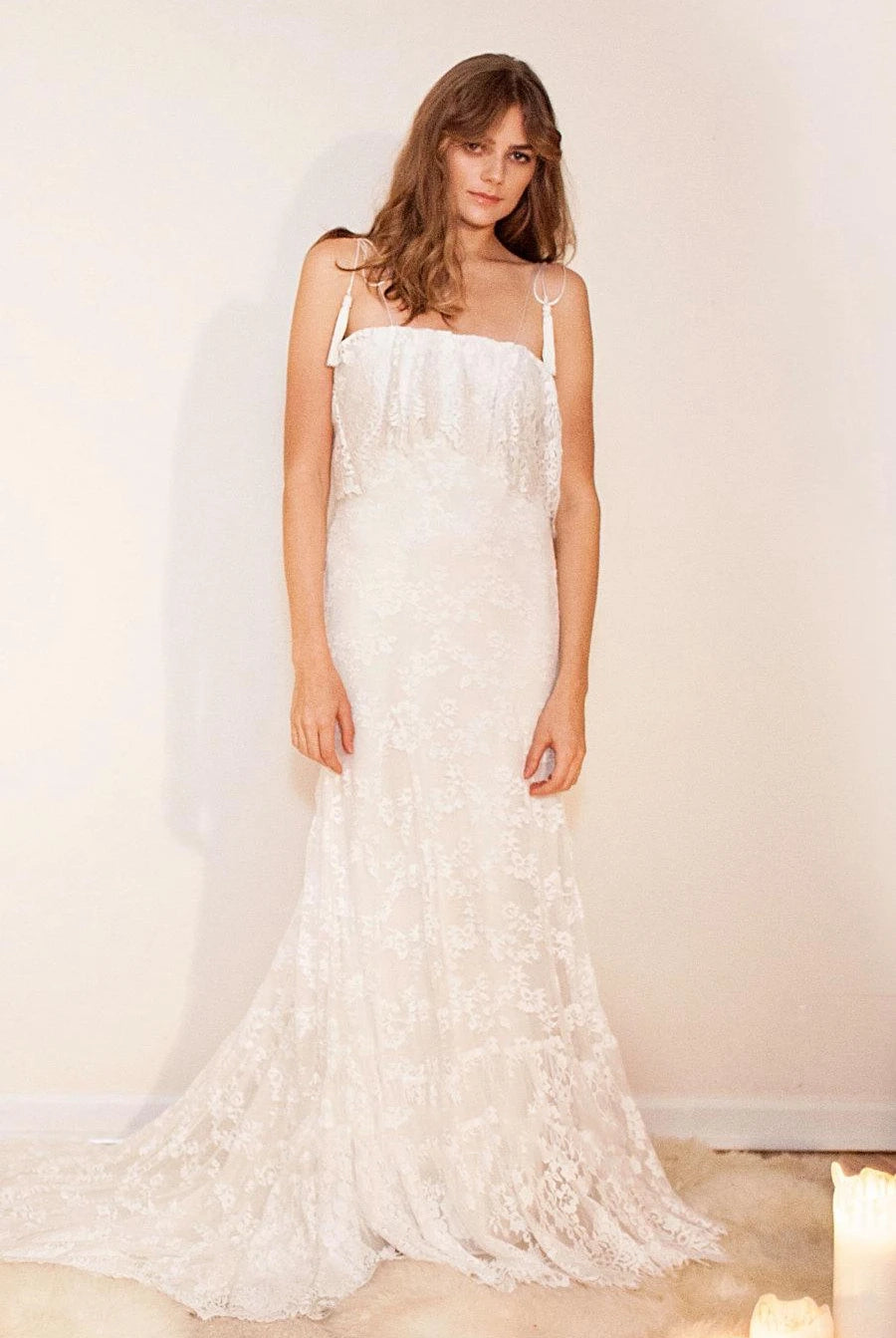 Off-Shoulder Long Mermaid Lace Boho Wedding Dress With Ruffles