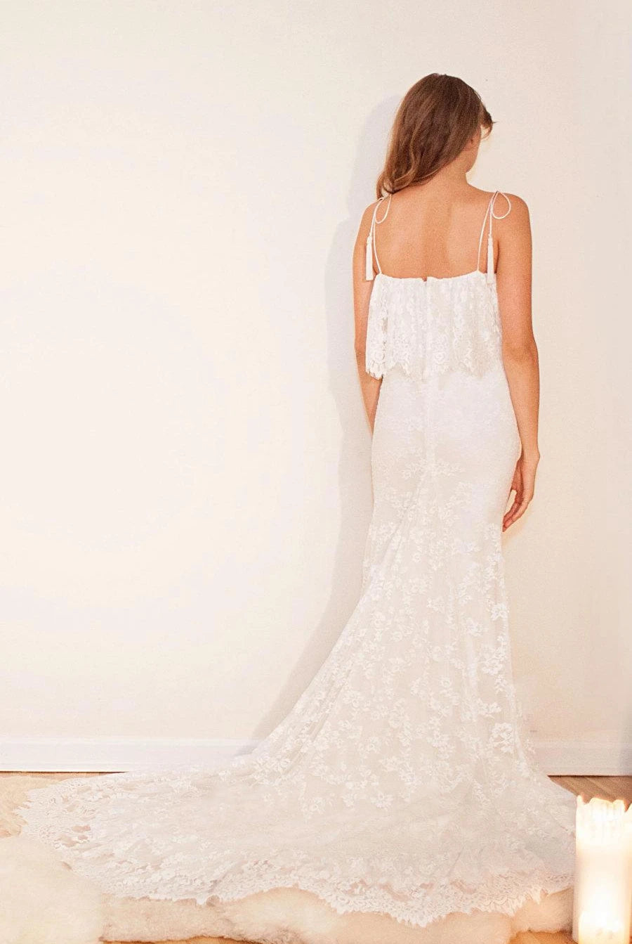 Off-Shoulder Long Mermaid Lace Boho Wedding Dress With Ruffles