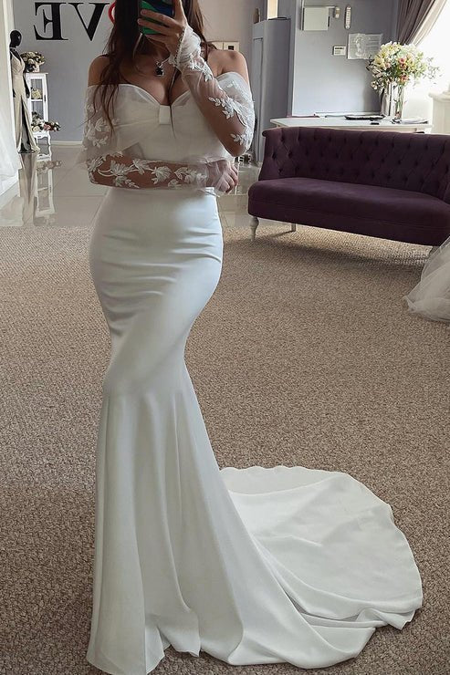chinese dress ladies Off-Shoulder Long Sleeve Trumpet Appliques Beach Wedding Dress, Diamond White / Custom Size