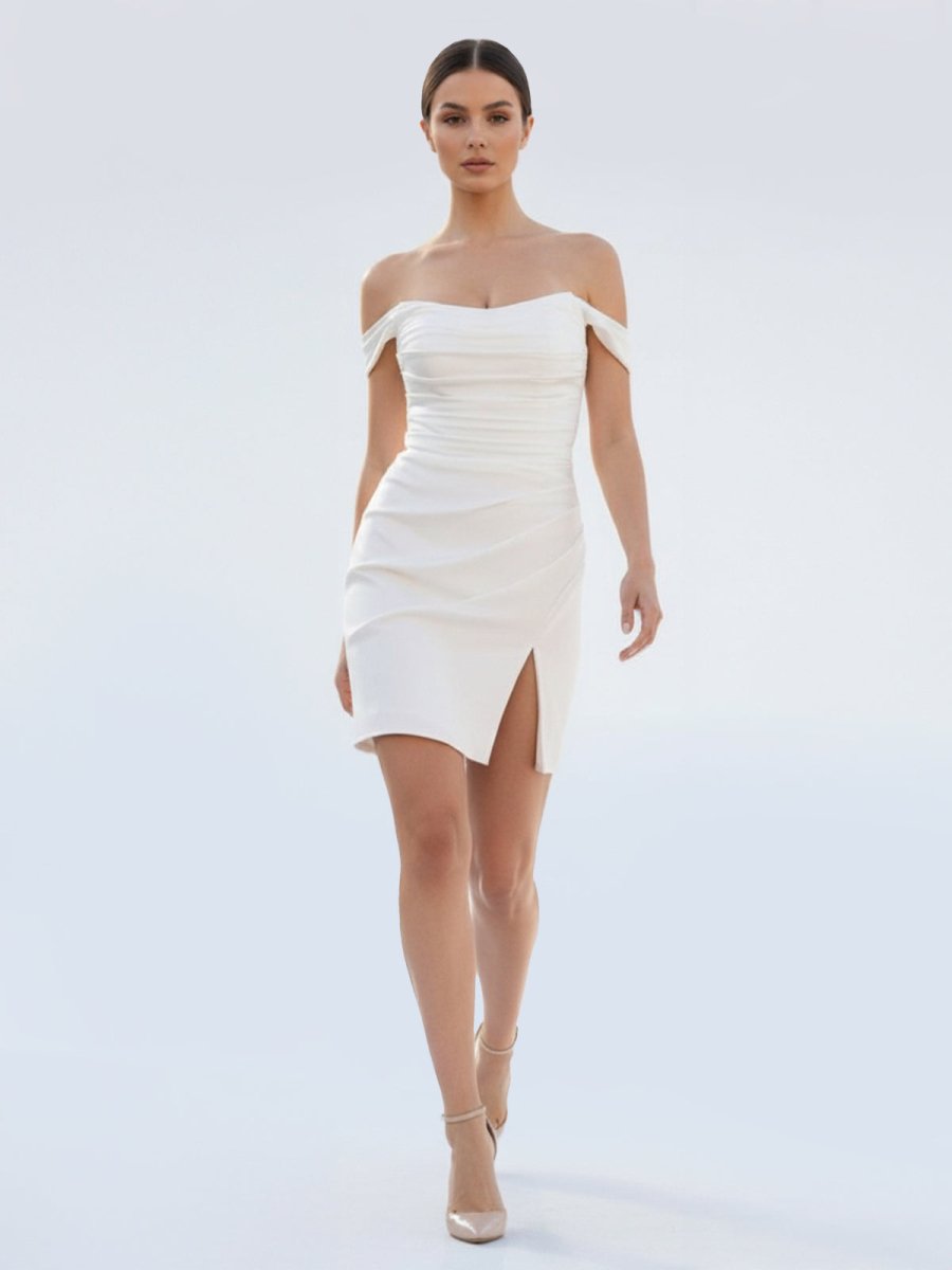 Off-The-Shoulder Short Satin Cowl Neck Simple Formal Wedding Dress with Slit, Diamond White / 8