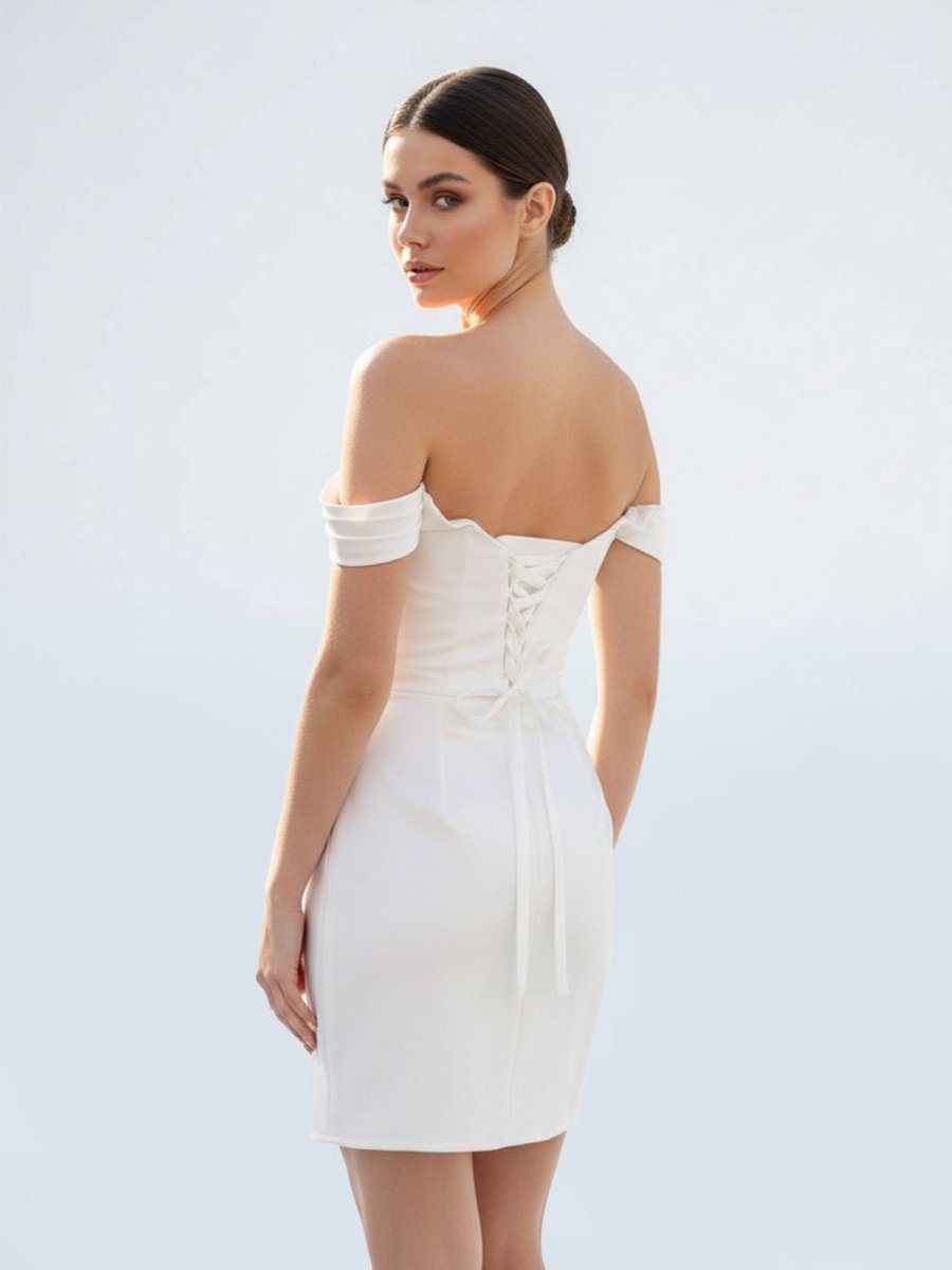 Elody | Off - the - Shoulder Short Satin Cowl Neck Simple Formal Wedding Dress With Slit - KissProm