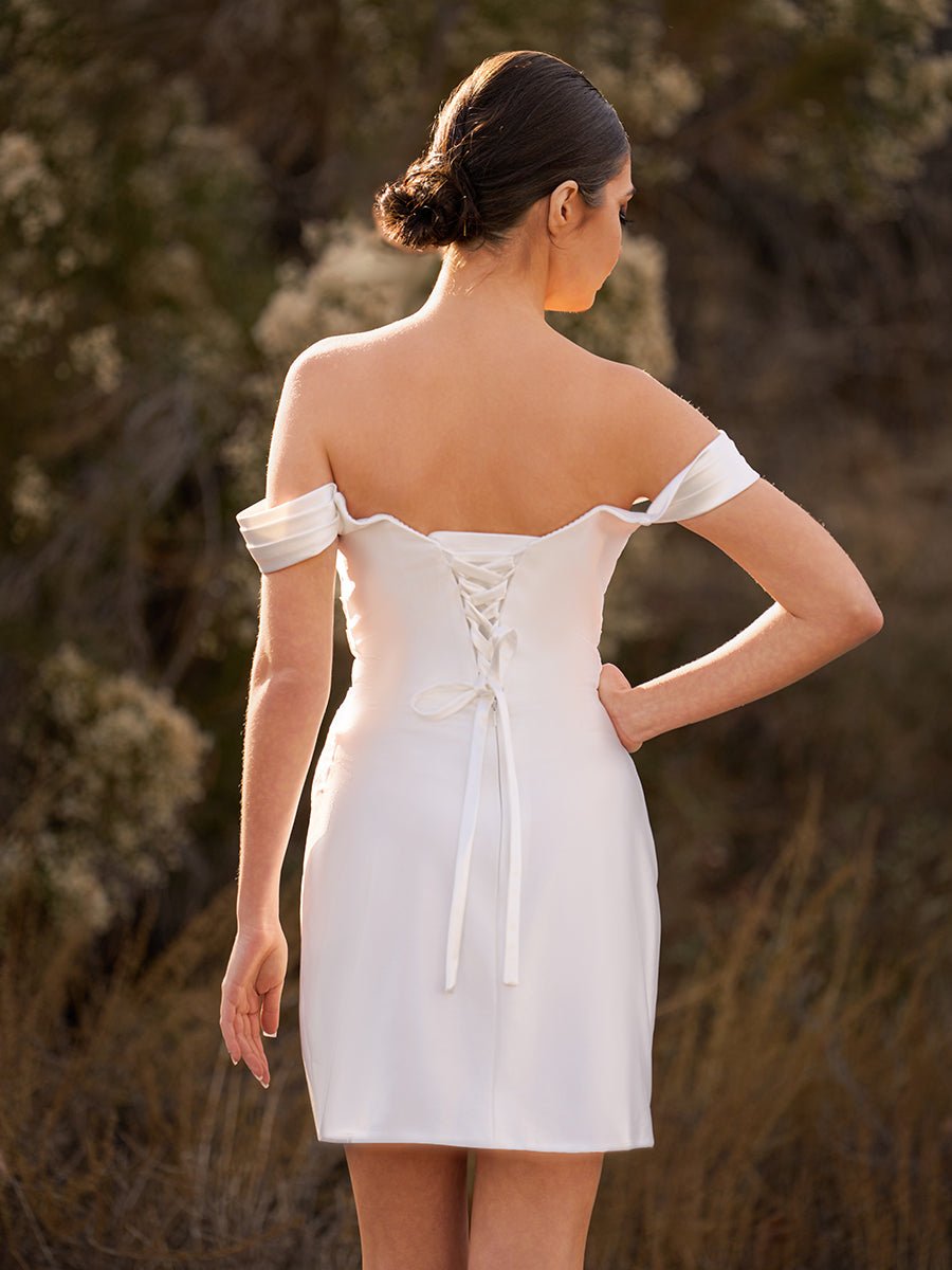 Elody | Off-the-Shoulder Short Satin Cowl Neck Simple Formal Wedding Dress With Slit