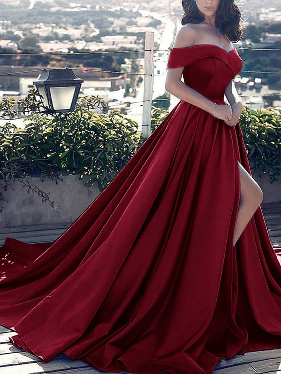 Noah | Off Shoulder Prom Dress Long Satin Formal Gowns with Slit - KissProm