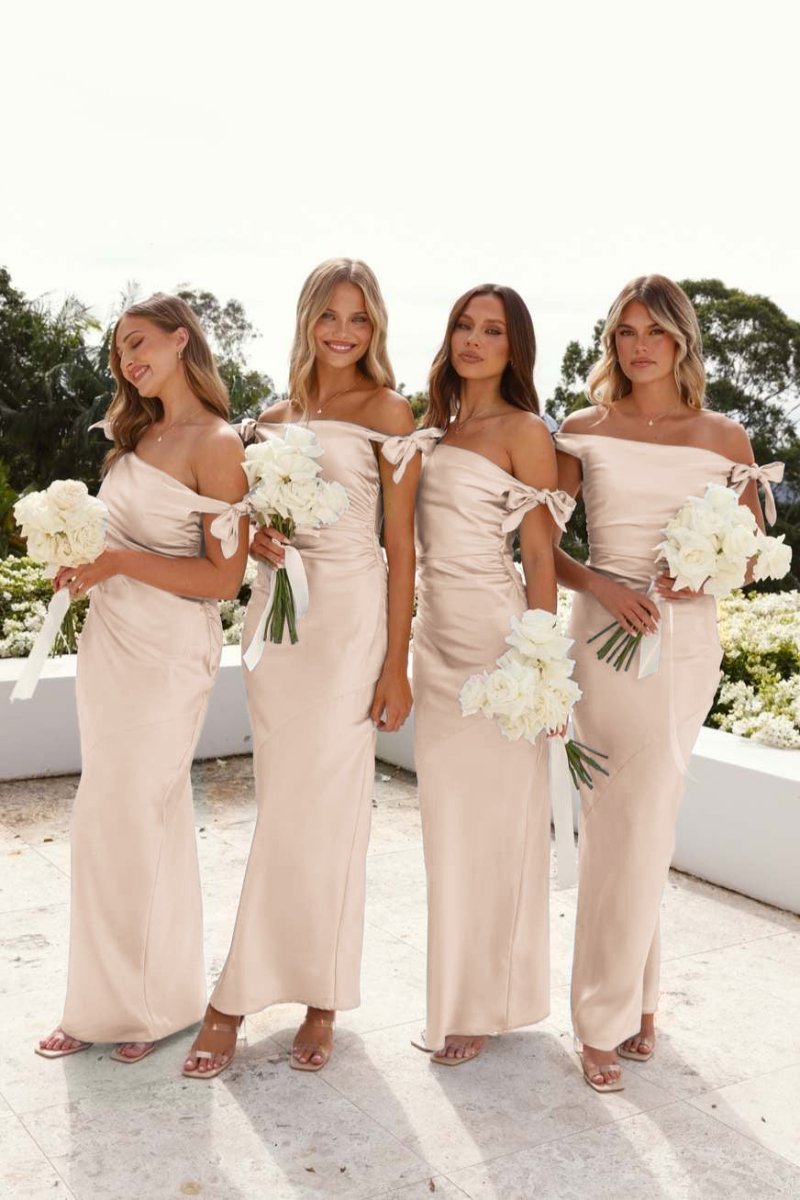 Off-Shoulder Sheath Pleated Satin Sky Blue Long Bridesmaid Dress