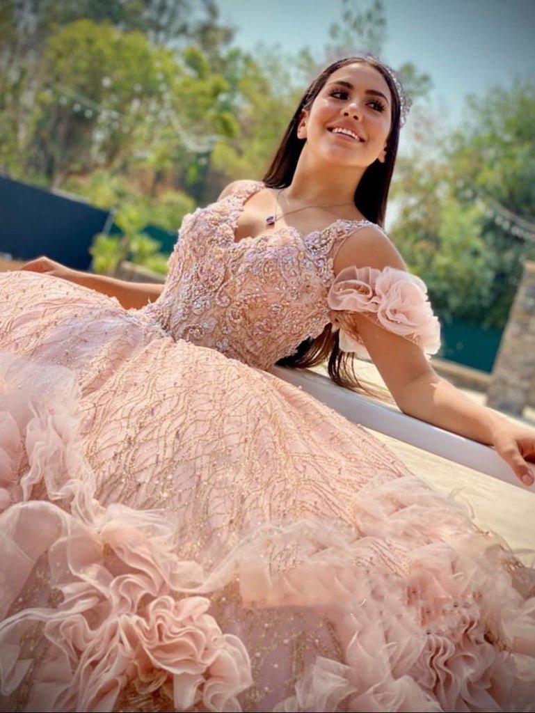 Off Shoulder V Neckline Flower Quinceanera Dresses