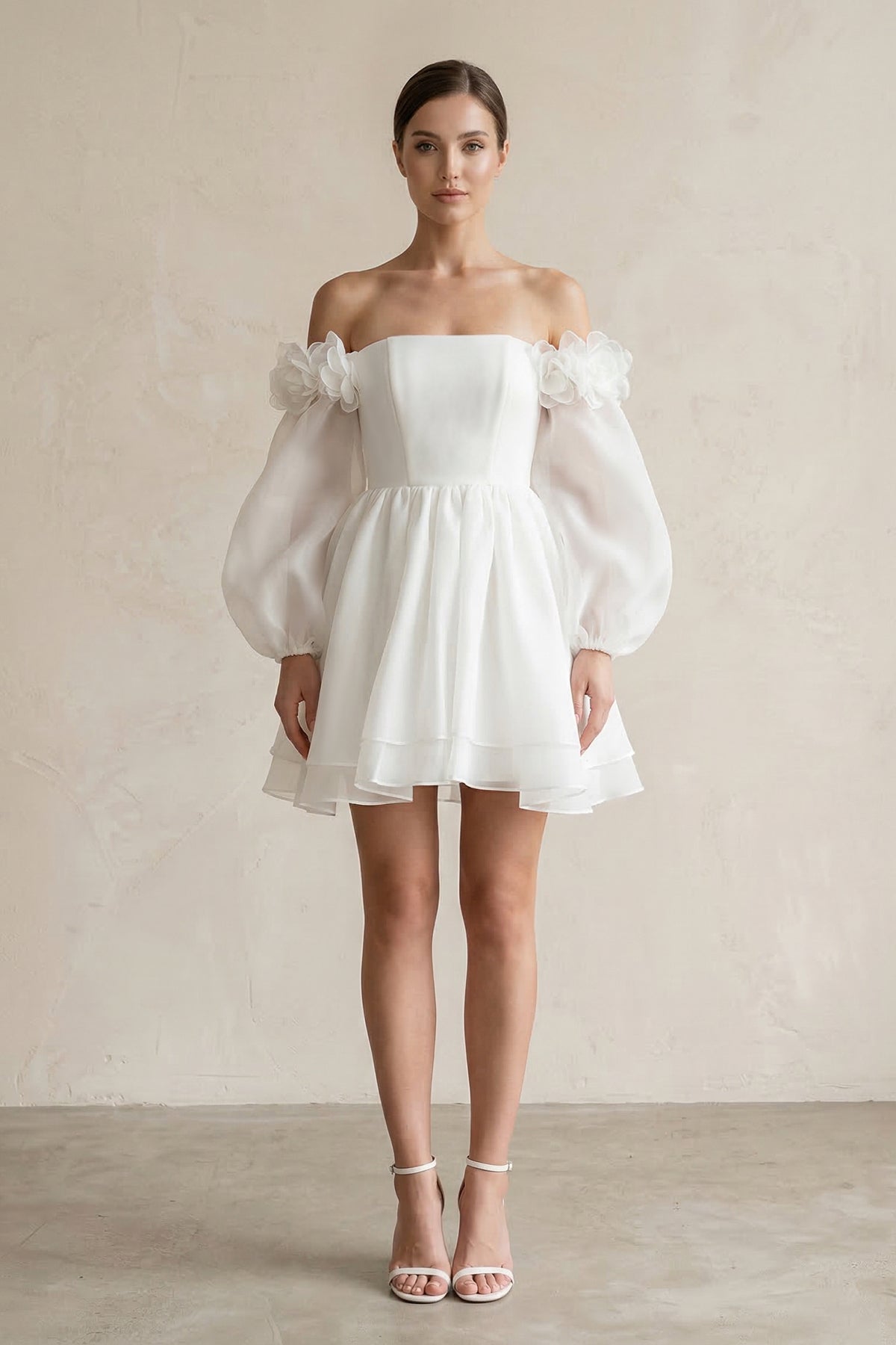 KissProm | Off-the-Shoulder 3D-Flower Chiffon Long Sleeve Wedding Dress in Ivory KissProm | Off-the-Shoulder 3D-Flower Chiffon Long Sleeve Wedding Dress in Ivory