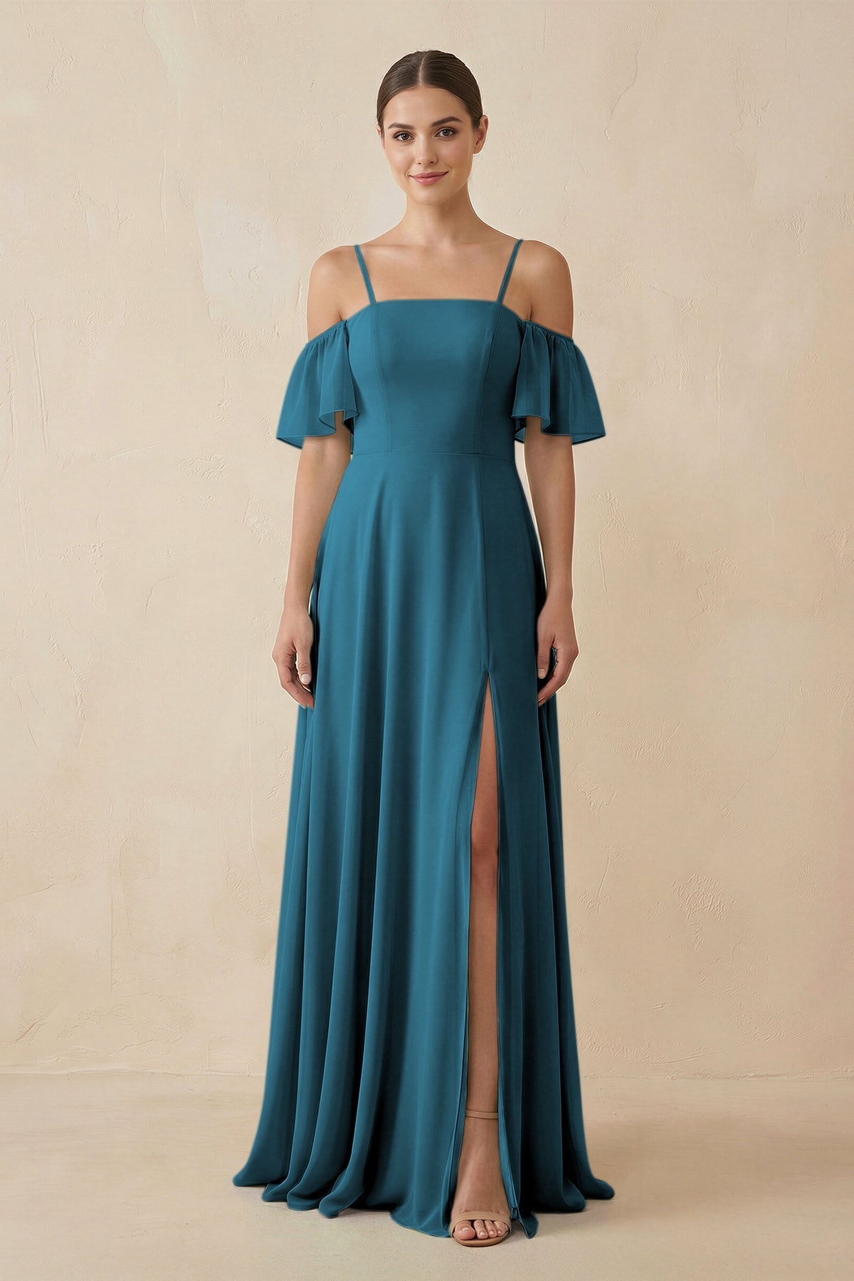 KissProm Off-the-Shoulder A-Line Chiffon Bridesmaid Dress in Dark Teal, Dark Teal / 20