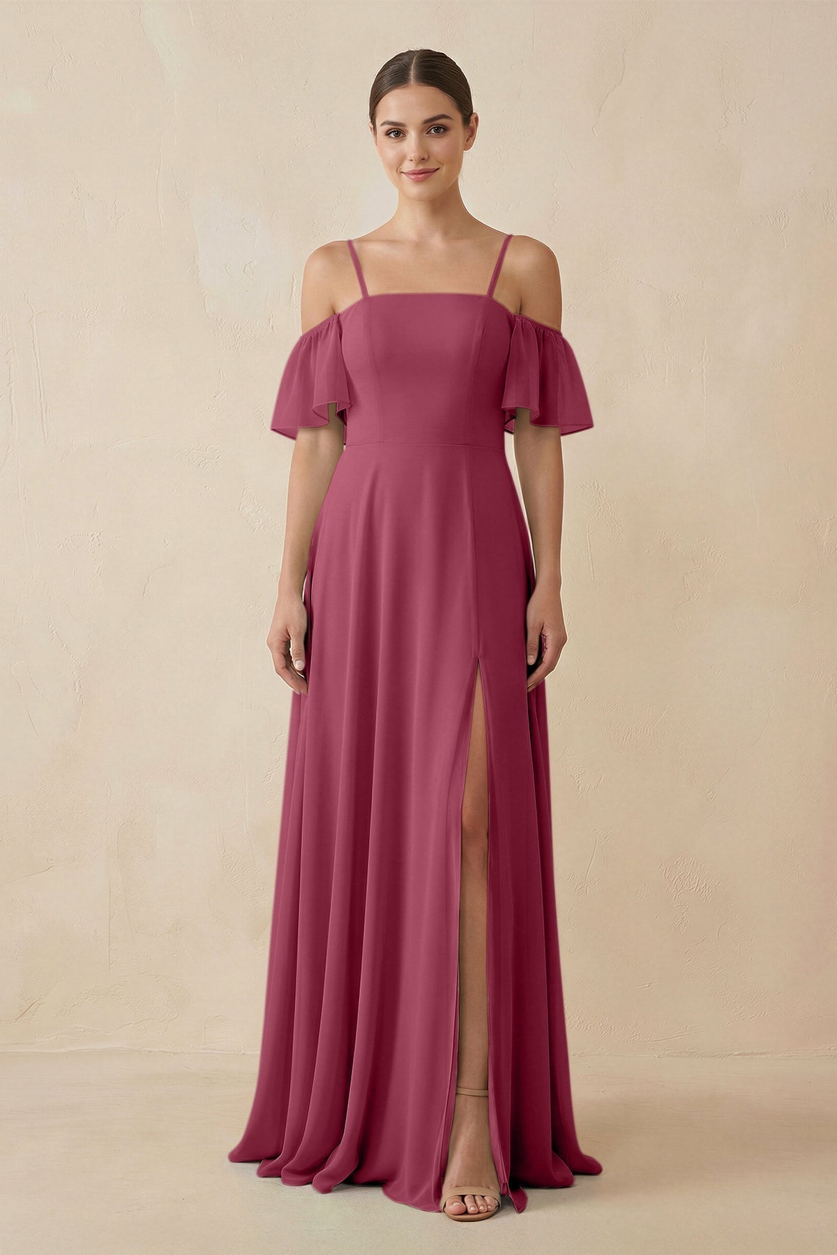Off-the-Shoulder A-Line Chiffon Bridesmaid Dress in Desert Rose, Desert Rose / 14
